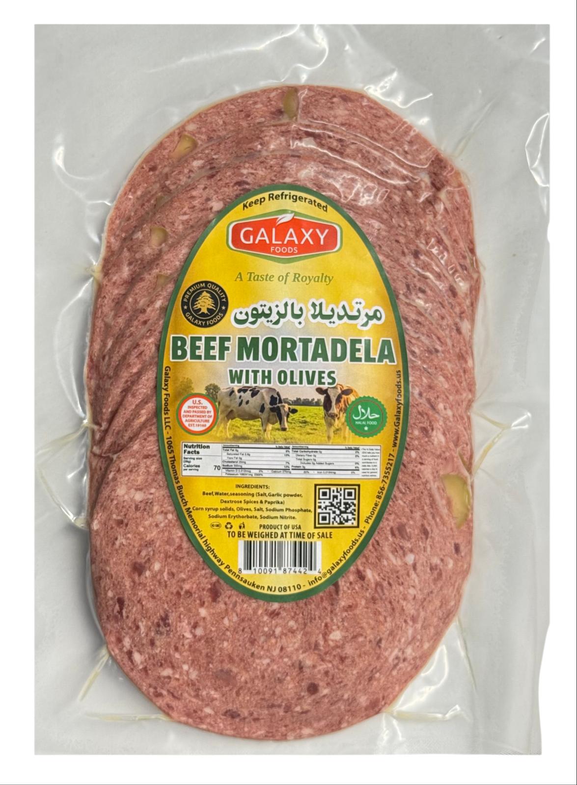 AD-1005320 BEEF MORTADELA WITH OLIVES SLICED 10LB | GALAXY FOODS